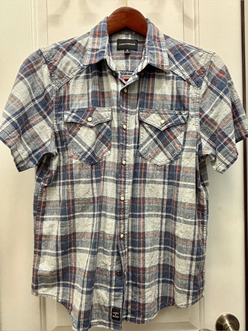 Lucky Brand Blue and Orange Plaid Casual Button-Down Shirt